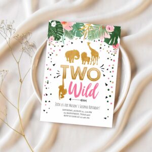 Two wild birthday invitation safari animals jungle zoo wild one party girl pink gold 1