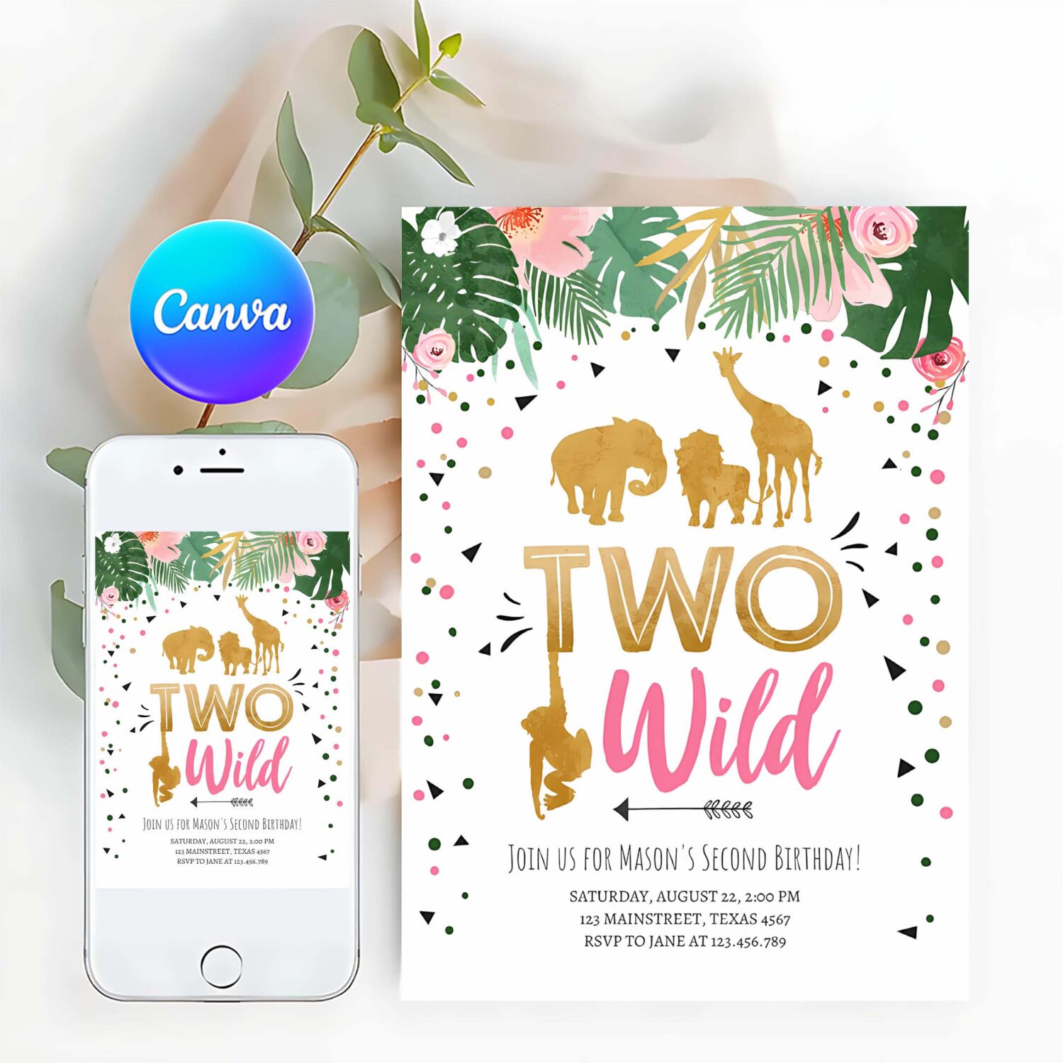 Two wild birthday invitation safari animals jungle zoo wild one party girl pink gold