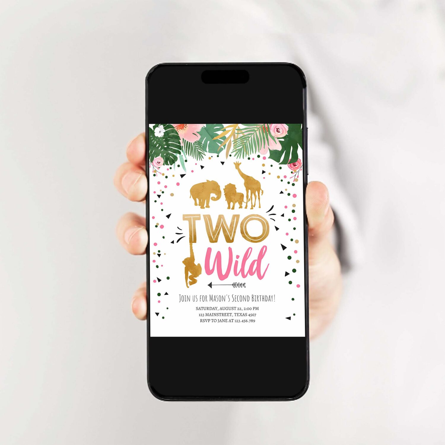 Two wild birthday invitation safari animals jungle zoo wild one party girl pink gold 2