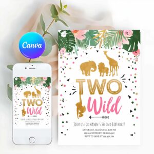 Two Wild Invitation, Two Wild Birthday Invitation, Safari Animals Jungle Zoo Wild One Party Girl Pink Gold