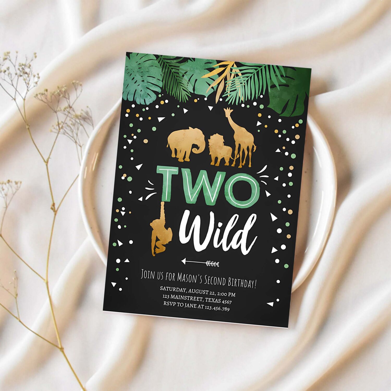 Two wild birthday invitation safari animals wild animals black gold second birthday 1