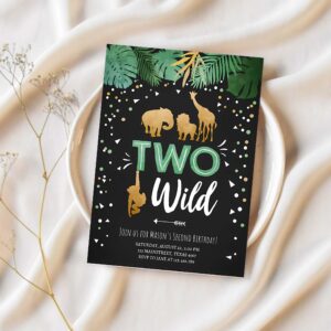 Two wild birthday invitation safari animals wild animals black gold second birthday 1