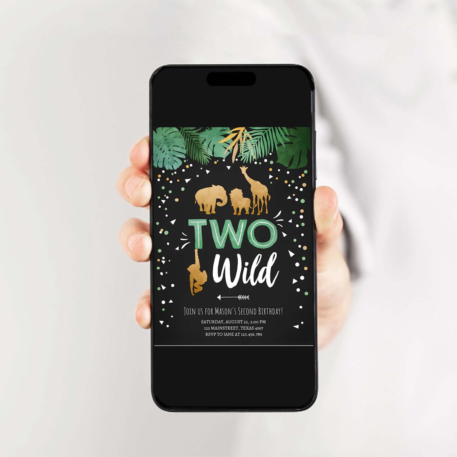 Two wild birthday invitation safari animals wild animals black gold second birthday 2