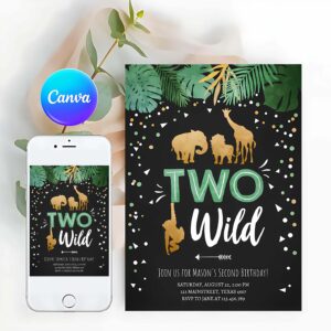 Two Wild Invitation, Two Wild Birthday Invitation, Safari Animals Wild Animals Black Gold Second Birthday