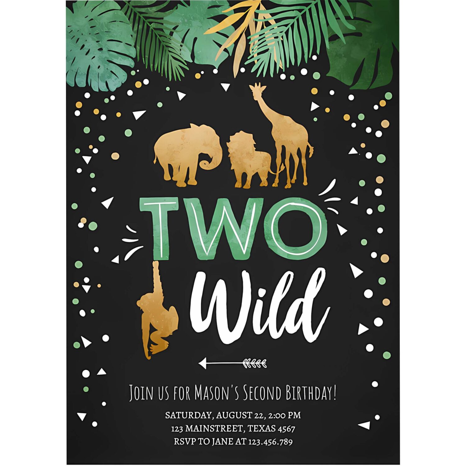 Two wild birthday invitation safari animals wild animals black gold second birthday 4