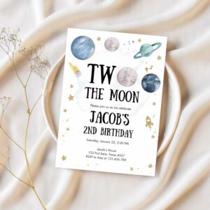 Two the moon second birthday invitation space astronaut planets galaxy 2nd boy 1