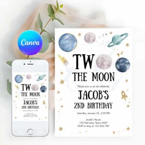 Outer Space Invitation, Two the Moon Second Birthday Invitation, Space Astronaut Planets Galaxy 2nd Boy