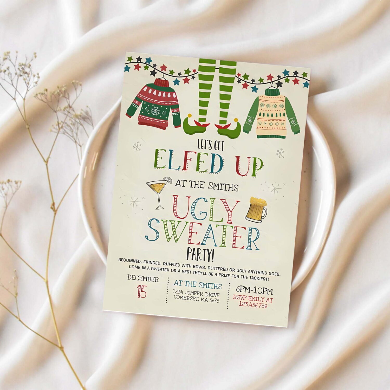 Ugly sweater party invitation christmas elfed up d25z 1