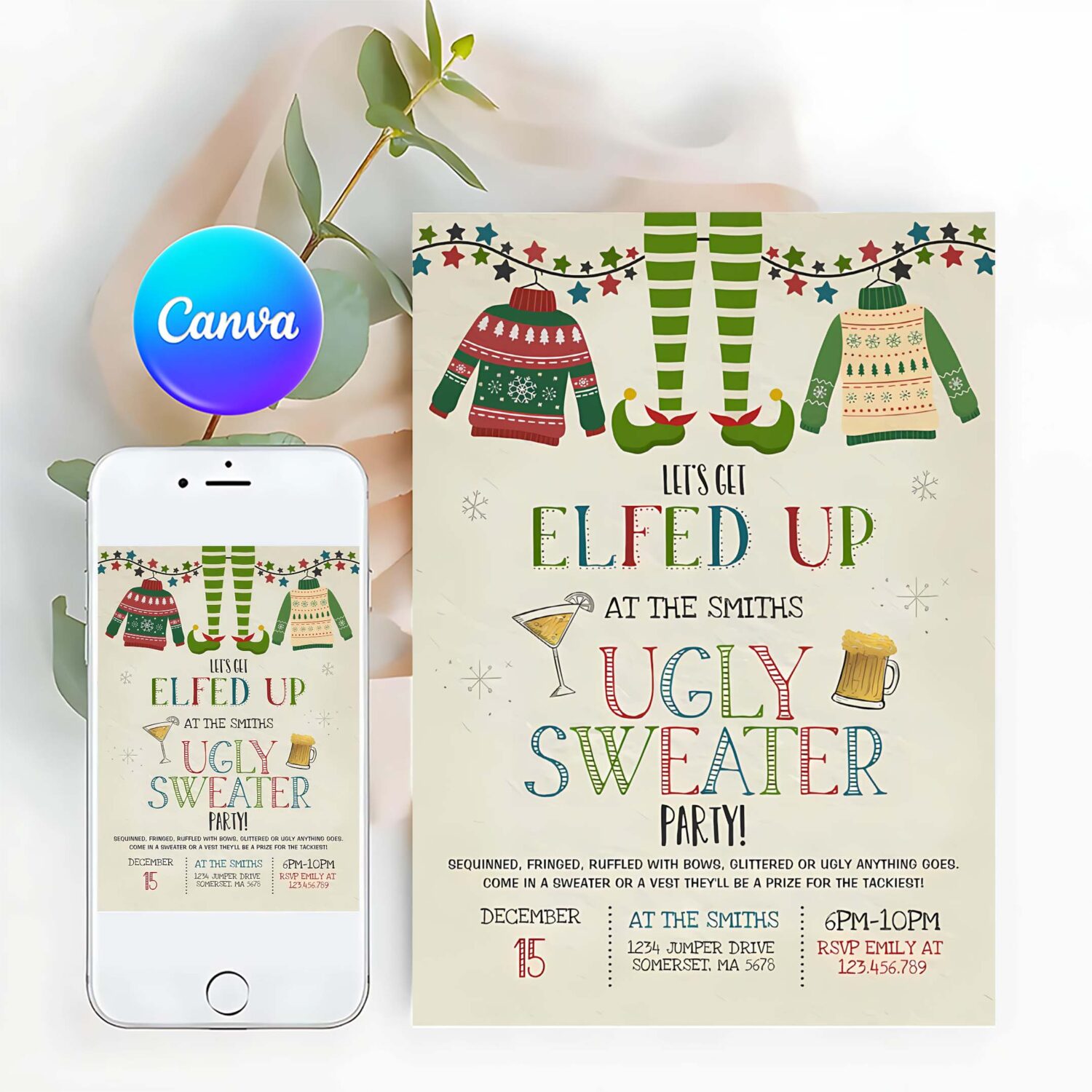 Ugly sweater party invitation christmas elfed up d25z