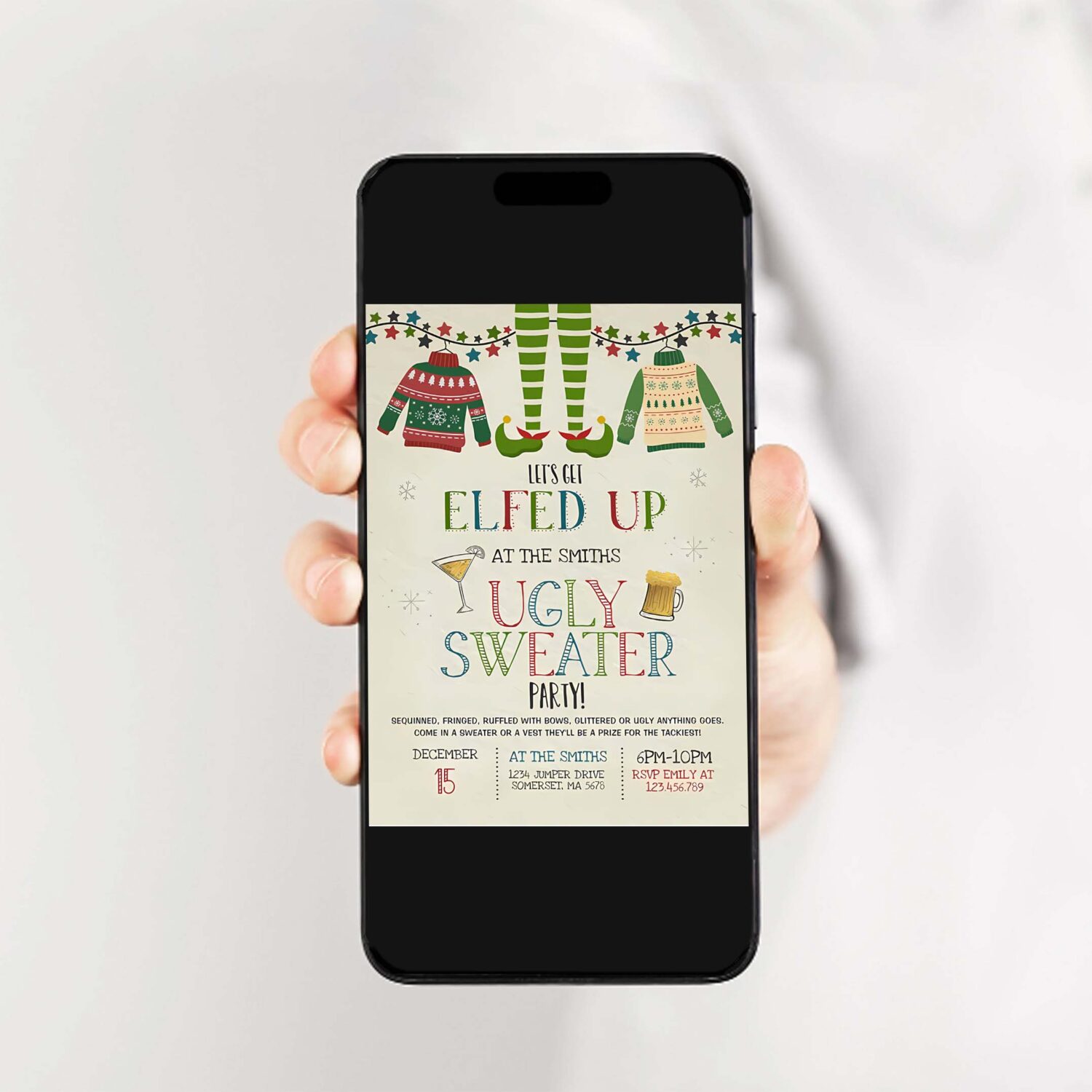 Ugly sweater party invitation christmas elfed up d25z 2