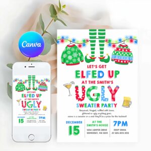 Elf Card Invitation, Ugly Sweater Party Invitation Christmas Elfed Up
