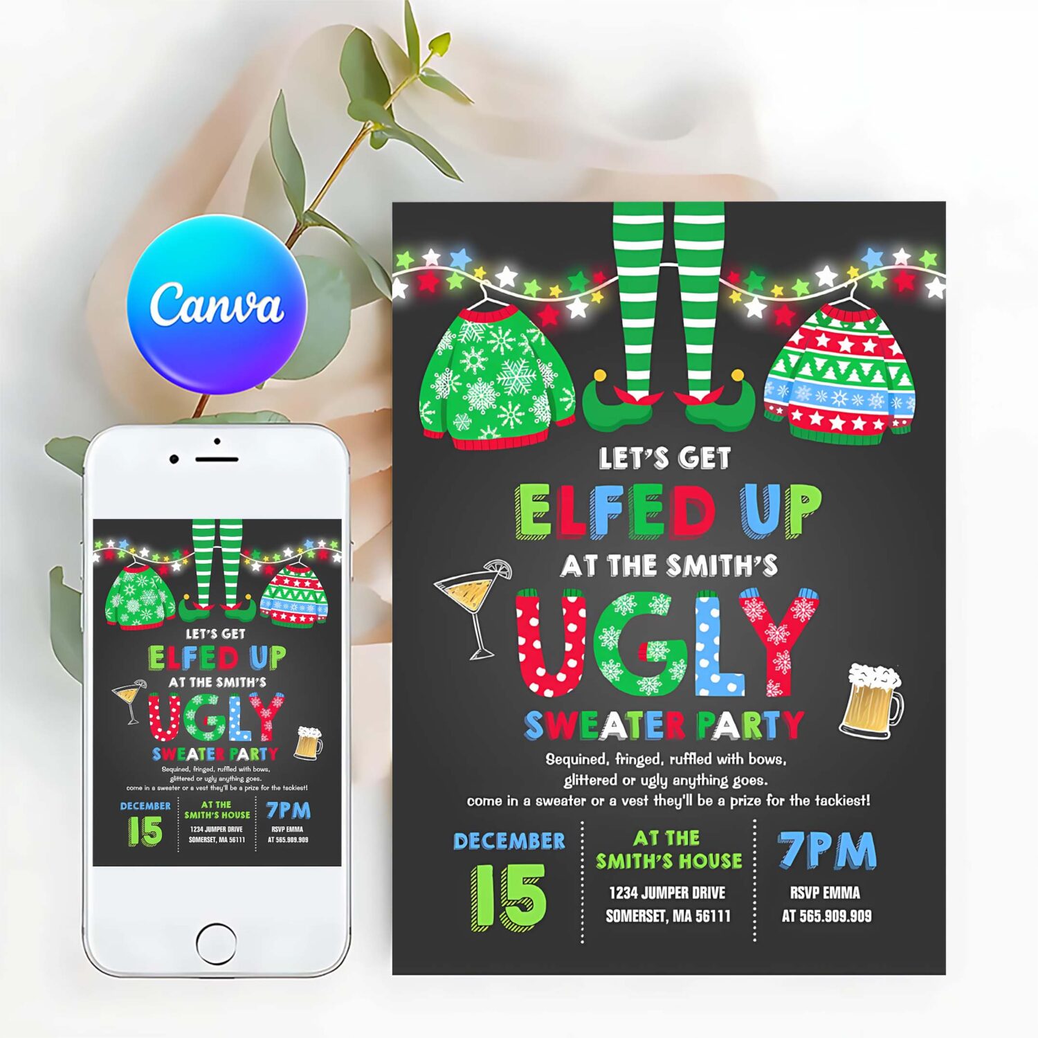 Ugly sweater party invitation christmas elfed up n34v