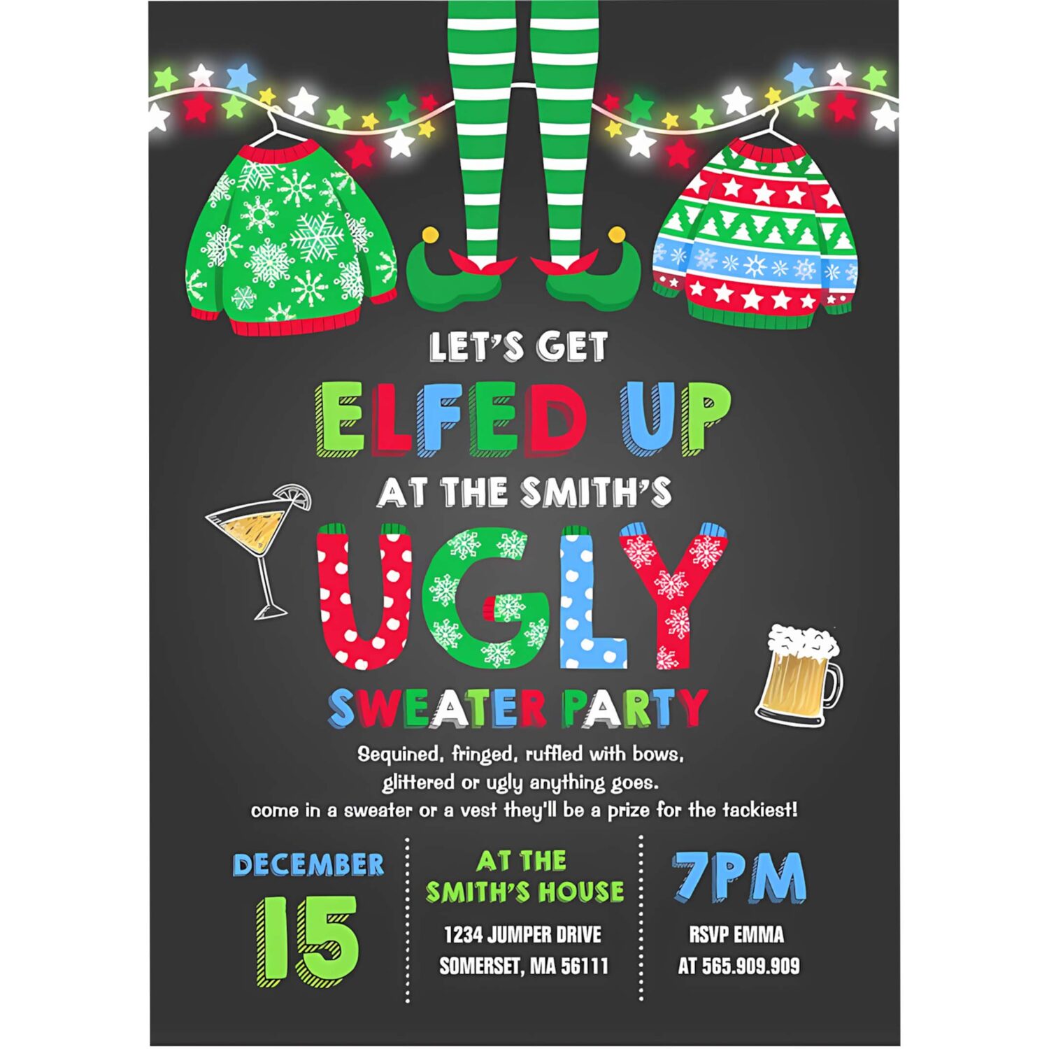 Ugly sweater party invitation christmas elfed up n34v 4