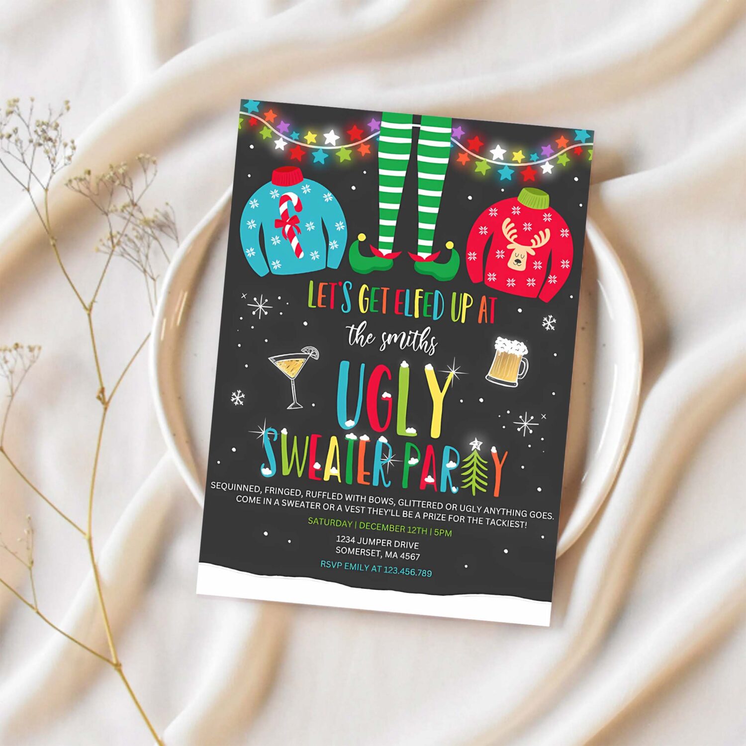 Ugly sweater party invitation christmas elfed up o29u 1
