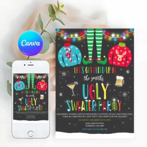 Elf Card Invitation, Ugly Sweater Party Invitation Christmas Elfed Up