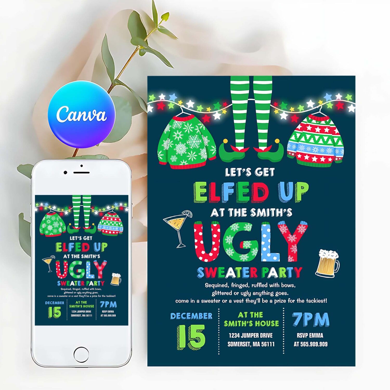 Ugly sweater party invitation christmas elfed up q12z