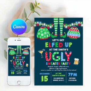 Elf Card Invitation, Ugly Sweater Party Invitation Christmas Elfed Up