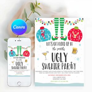 Elf Card Invitation, Ugly Sweater Party Invitation Christmas Elfed Up