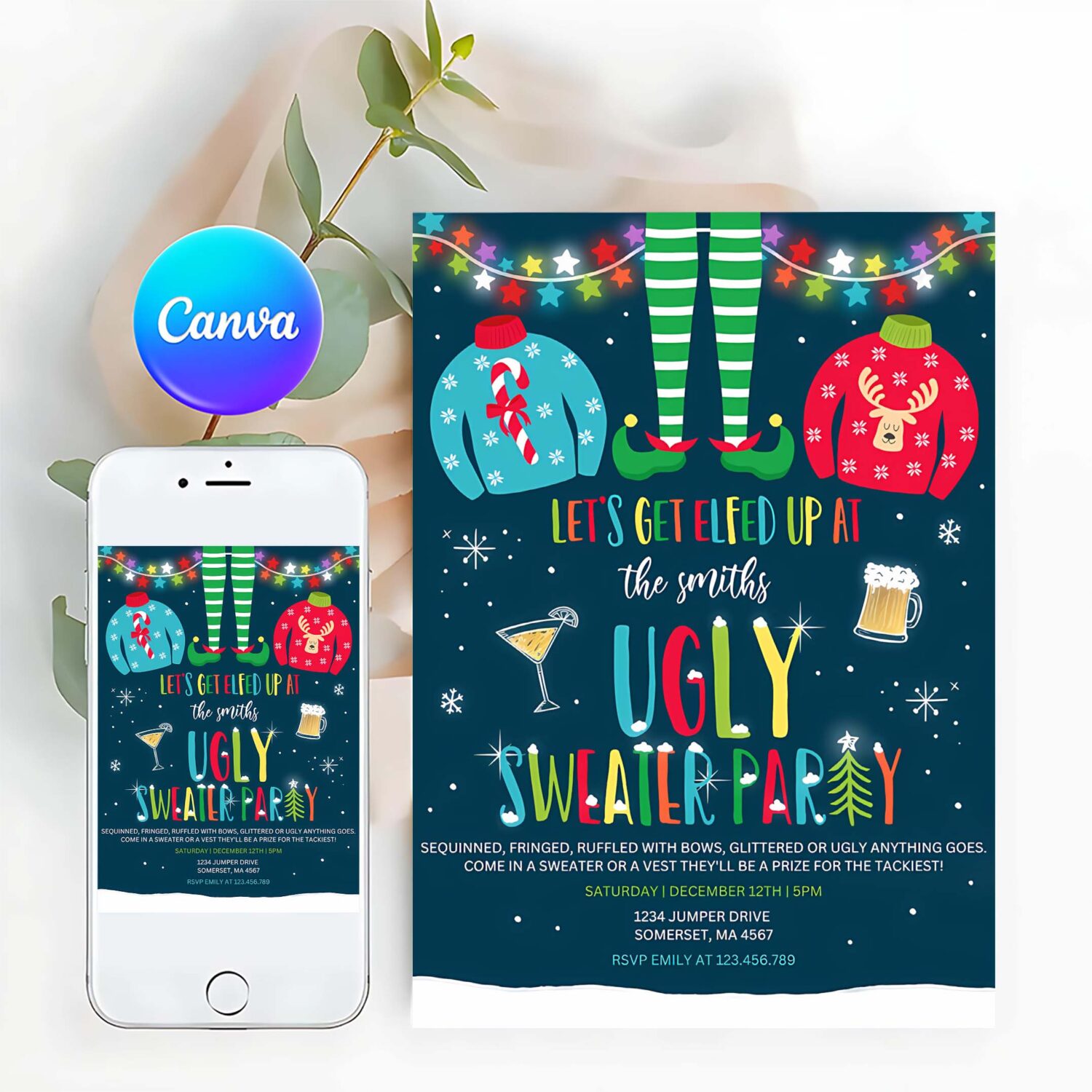 Ugly sweater party invitation christmas elfed up t79c