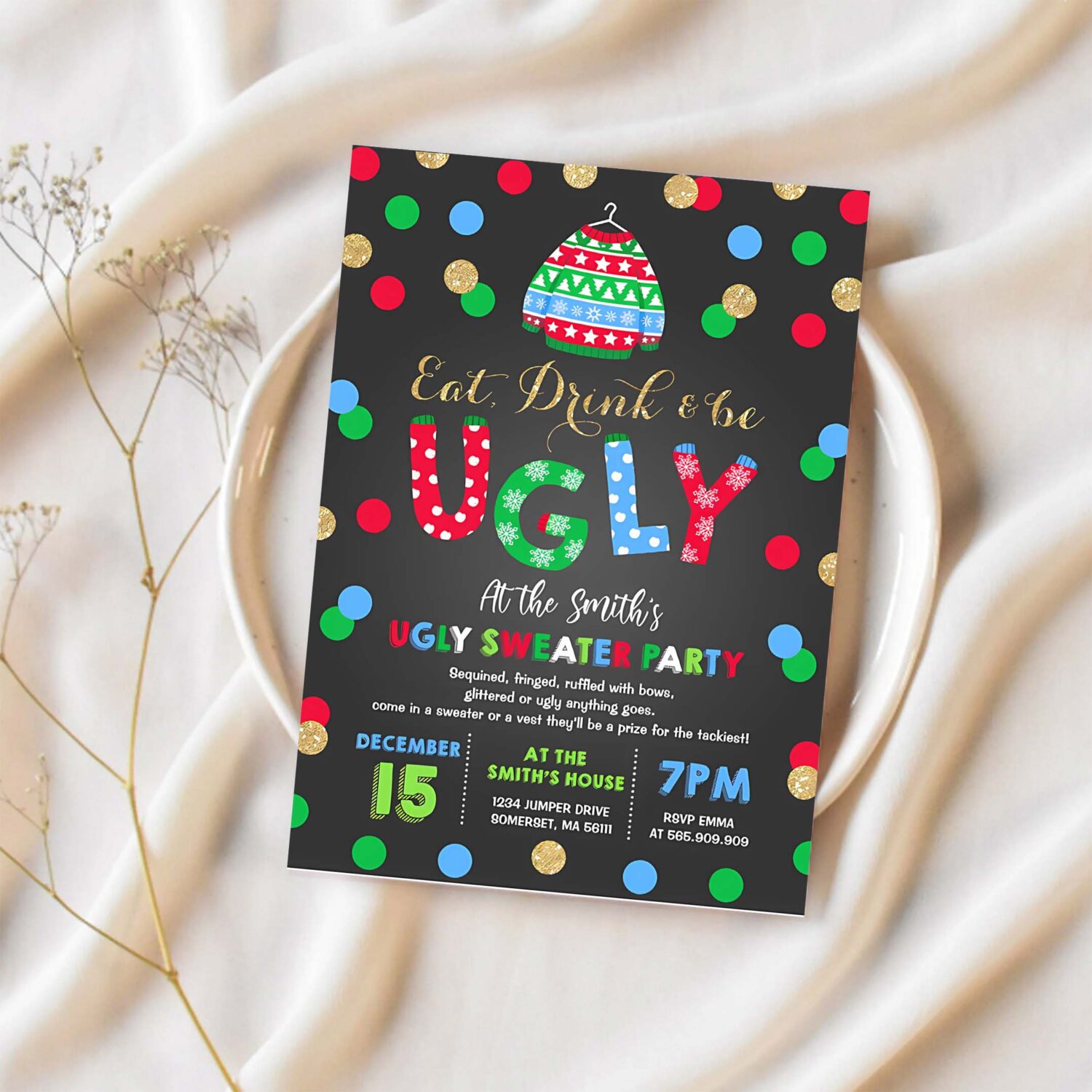 Ugly sweater party invitation eat drink be ugly v75w 1