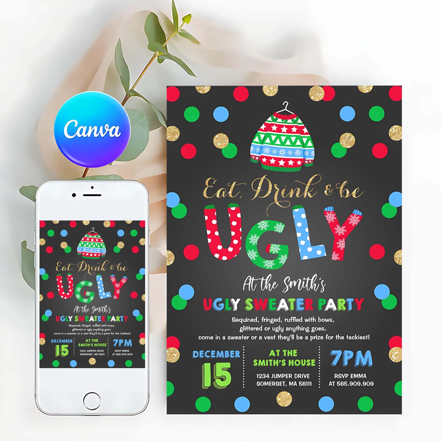 Ugly sweater party invitation eat drink be ugly v75w