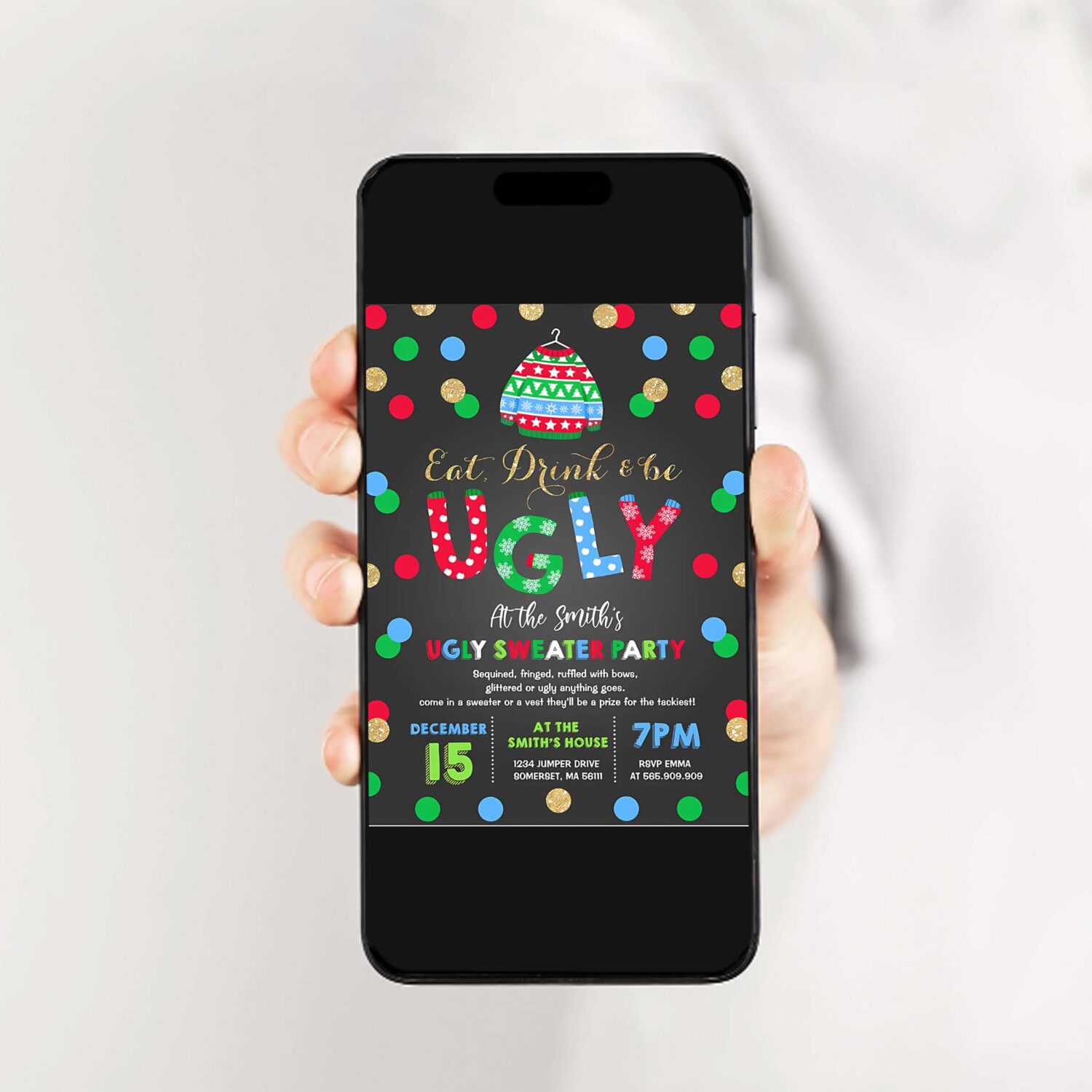 Ugly sweater party invitation eat drink be ugly v75w 2