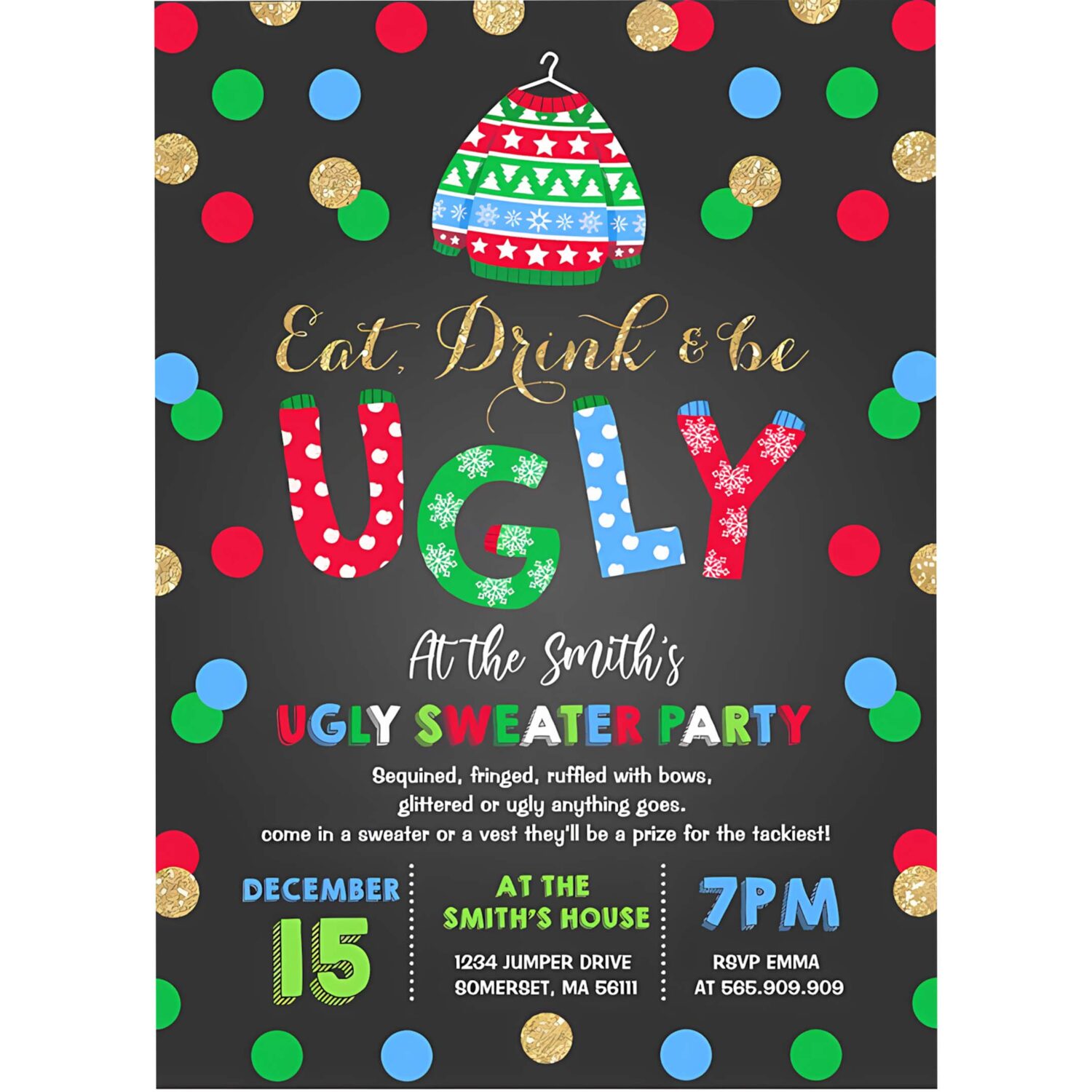 Ugly sweater party invitation eat drink be ugly v75w 4