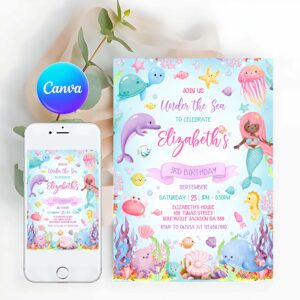 Under The Sea Invitation, Under The Sea Birthday Invitation, Ocean Animals Party Invite Template, Under The Sea Party Invitation for Girl