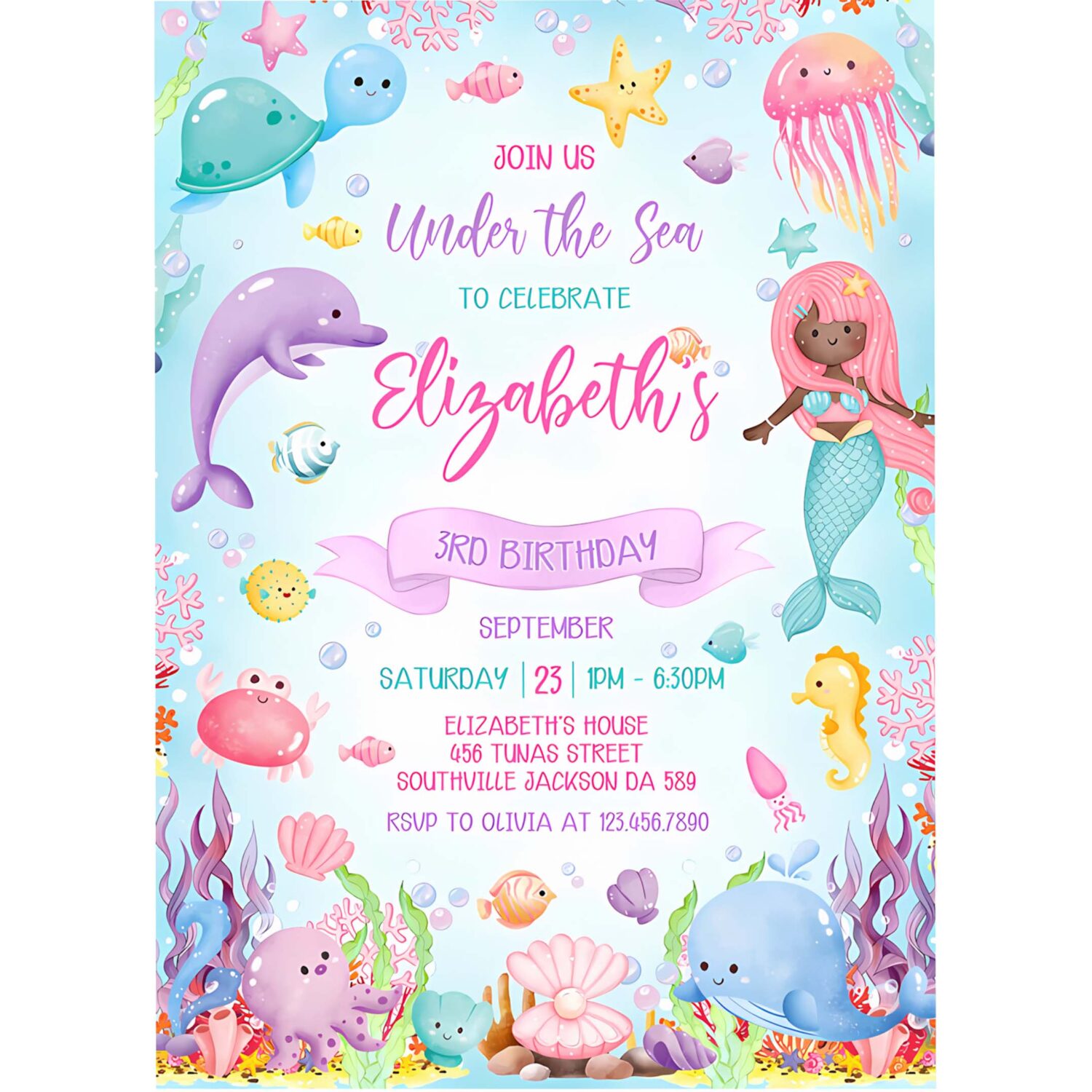 Under the sea birthday invitation ocean animals party invite template under the sea party invitation for gilr 4