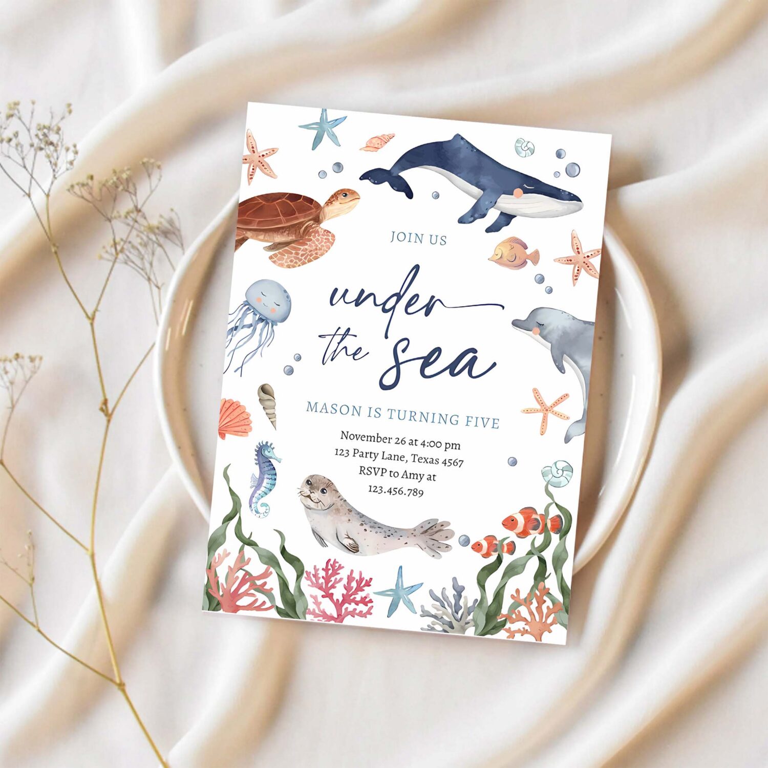 Under the sea nautical ocean animals boy birthday invitation e94q 1