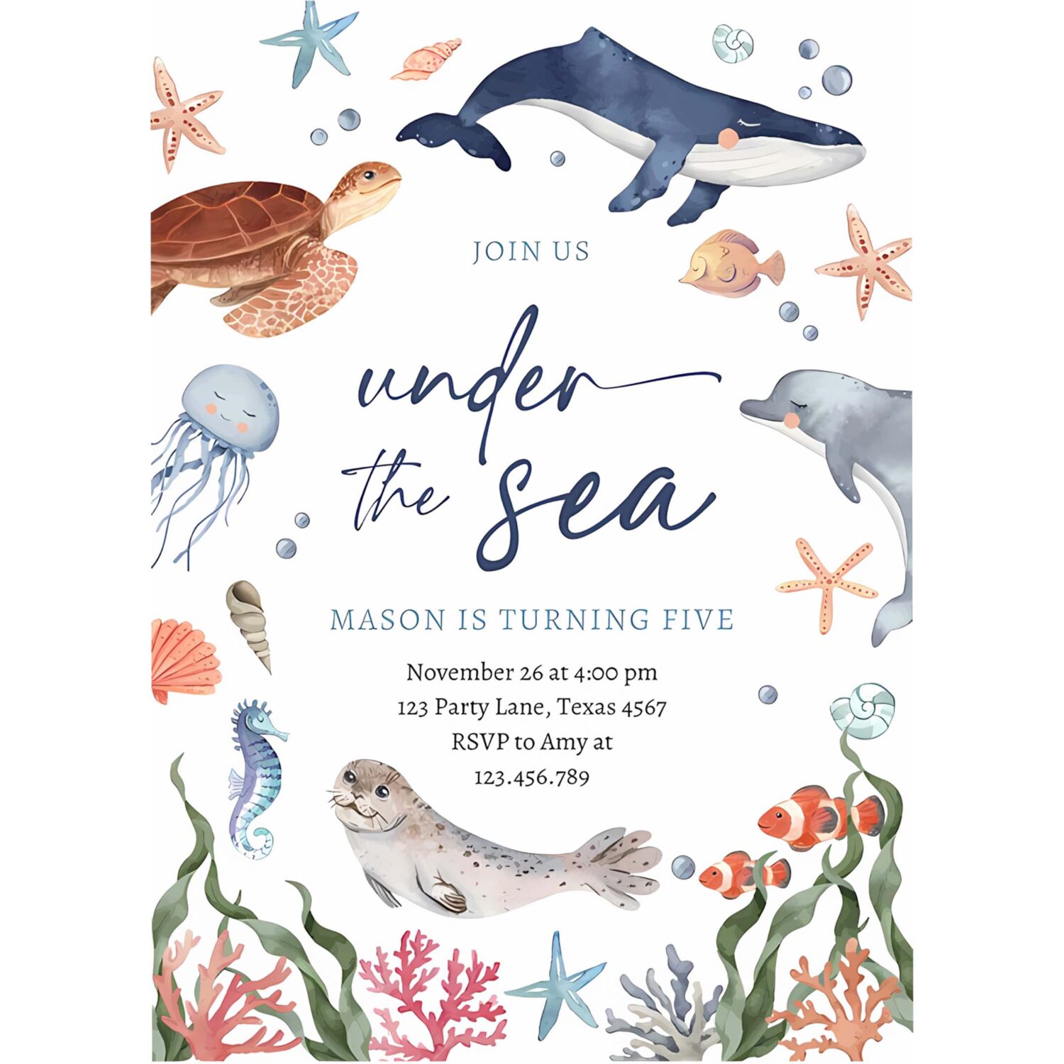 Under the sea nautical ocean animals boy birthday invitation e94q 4
