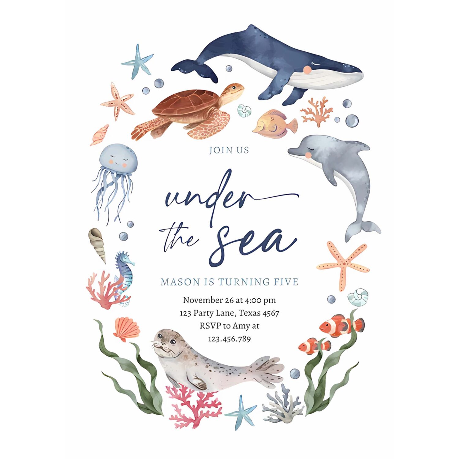 Under the sea nautical ocean animals boy birthday invitation n19f 4
