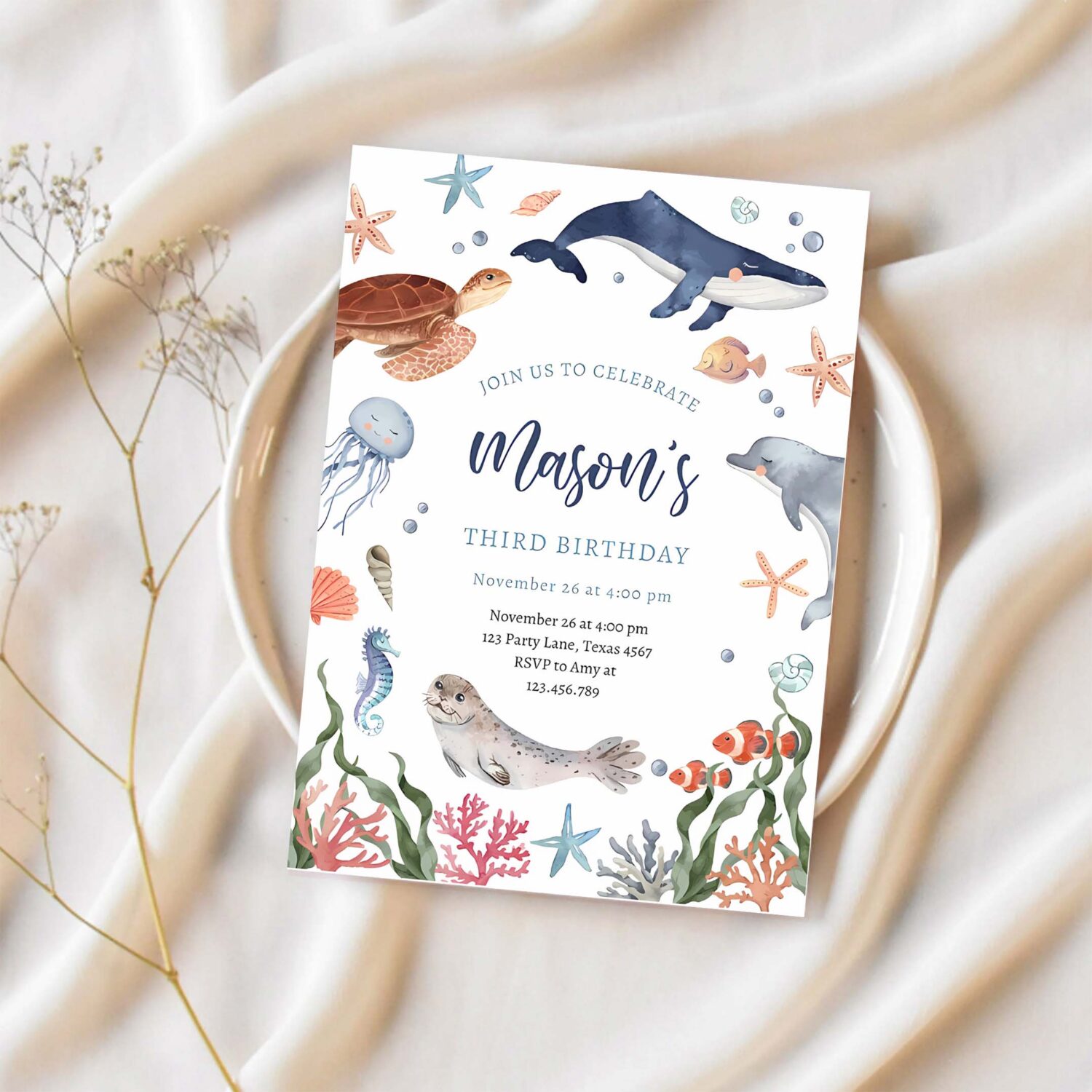 Under the sea nautical ocean animals boy birthday invitation s29a 1