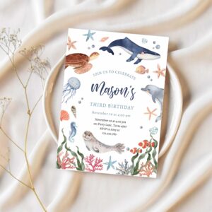 Under the sea nautical ocean animals boy birthday invitation s29a 1