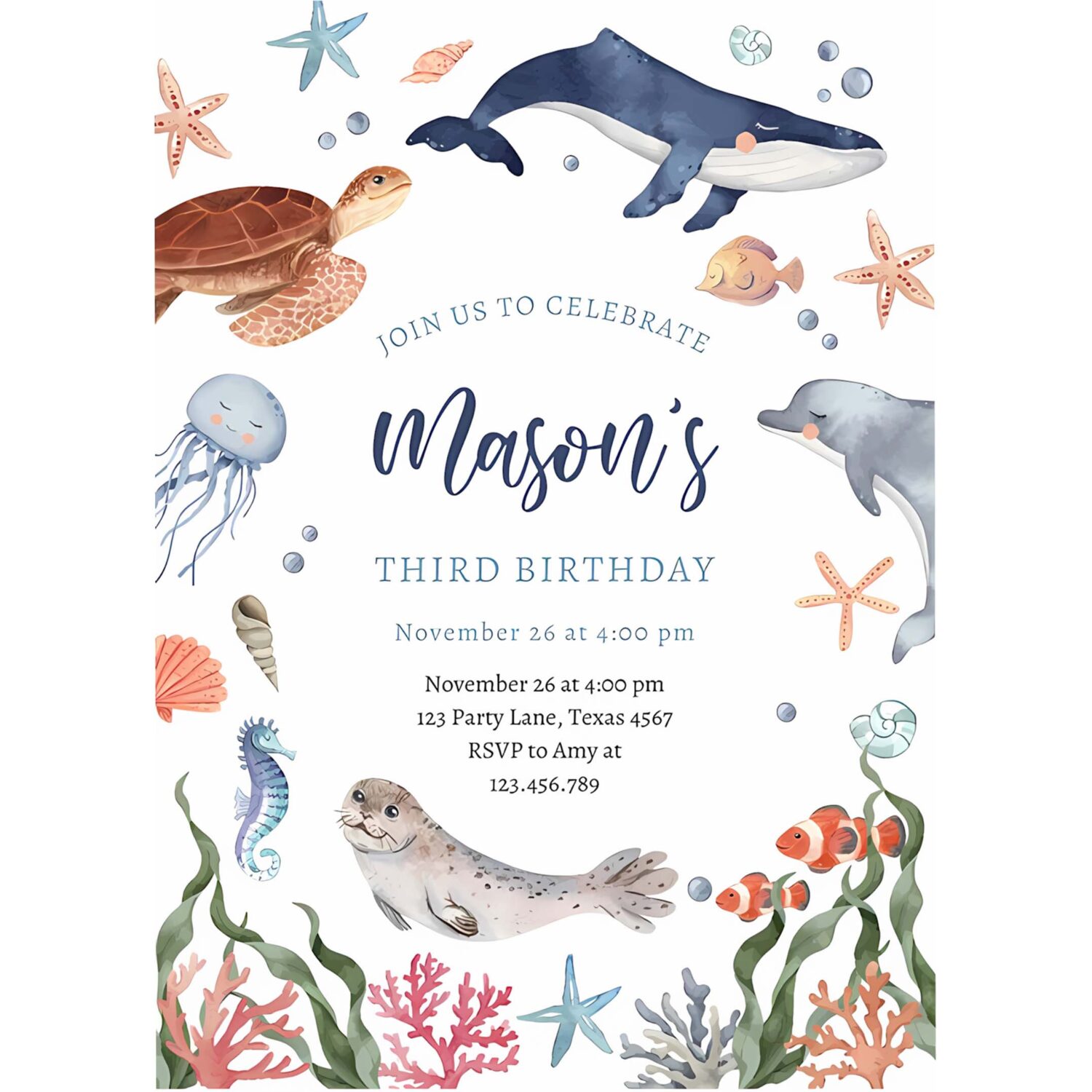 Under the sea nautical ocean animals boy birthday invitation s29a 4