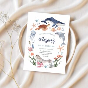 Under the sea nautical ocean animals boy birthday invitation s31a 1