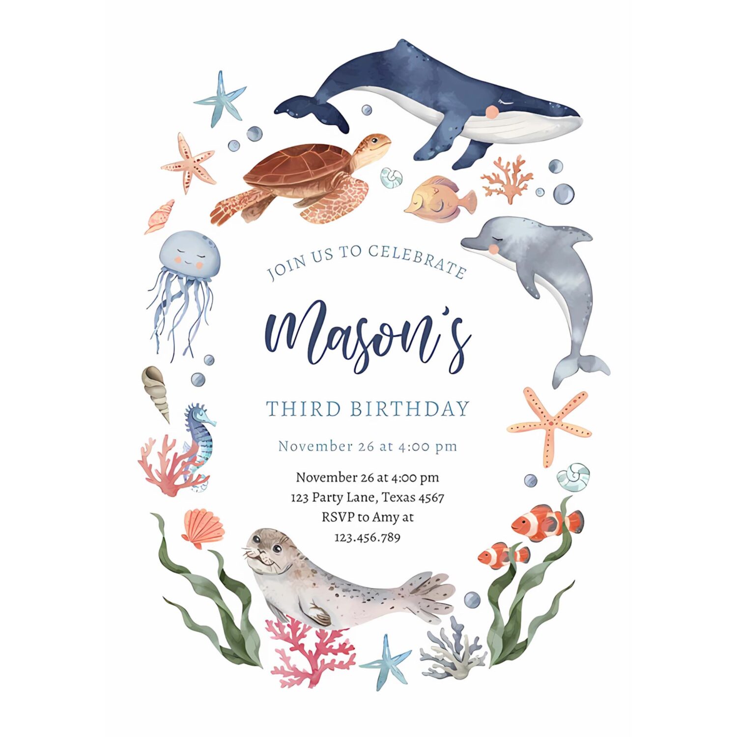 Under the sea nautical ocean animals boy birthday invitation s31a 4