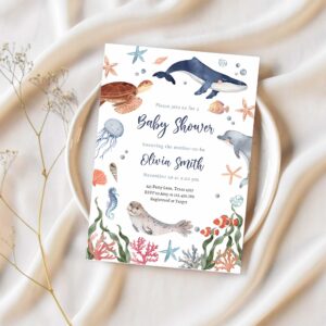Under the sea nautical sea animals baby shower invitation o58r 1