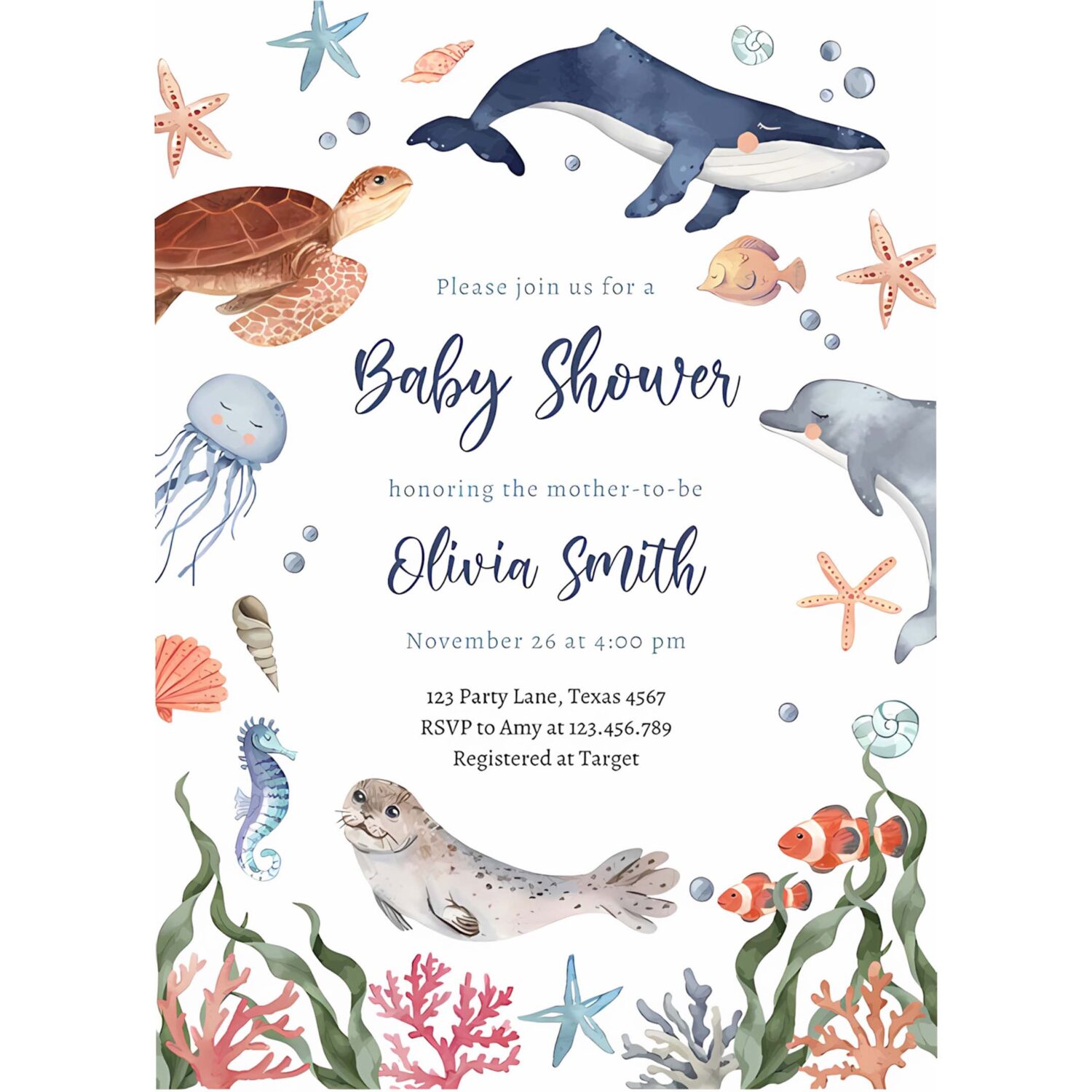 Under the sea nautical sea animals baby shower invitation o58r 4