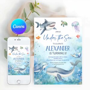 Under The Sea Invitation, Under the sea Invitation, Oneder the sea birthday invite, Sea animals ocean theme Whale Shark Fish