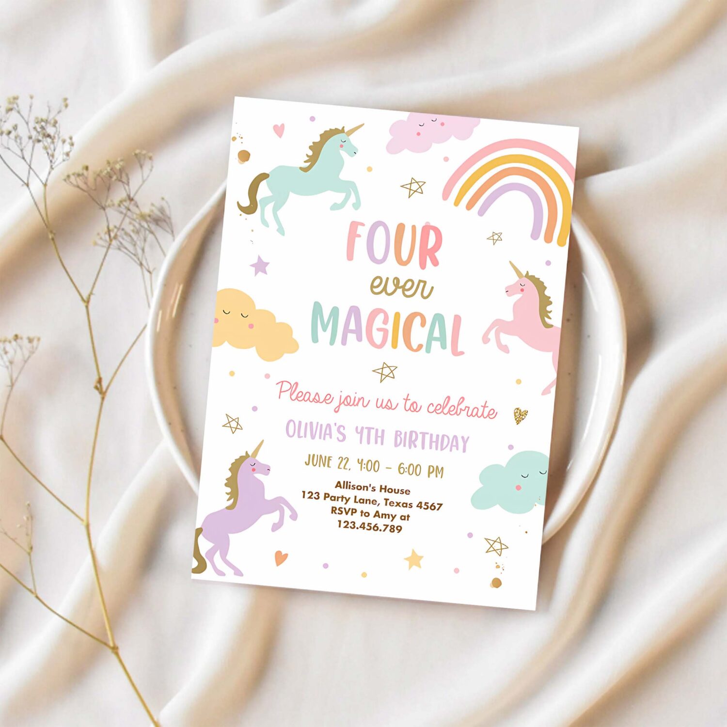 Unicorn 4th birthday invitation four ever magical party invite girl pastel fourth birthday 1