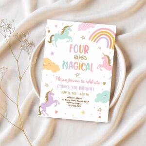 Unicorn 4th birthday invitation four ever magical party invite girl pastel fourth birthday 1