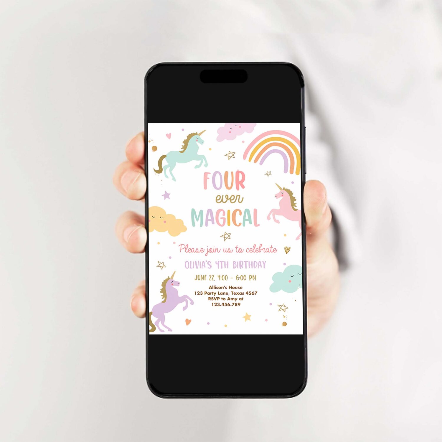 Unicorn 4th birthday invitation four ever magical party invite girl pastel fourth birthday 2