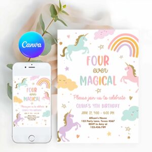 Unicorn Invitation, Unicorn 4th Birthday Invitation, Four Ever Magical Party Invite Girl Pastel Fourth Birthday