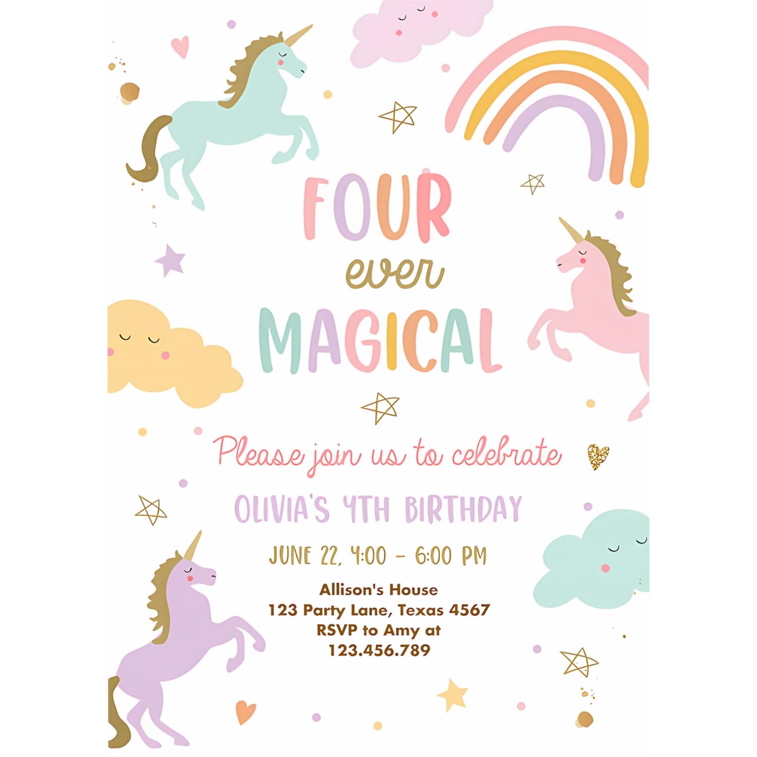 Unicorn 4th birthday invitation four ever magical party invite girl pastel fourth birthday 4