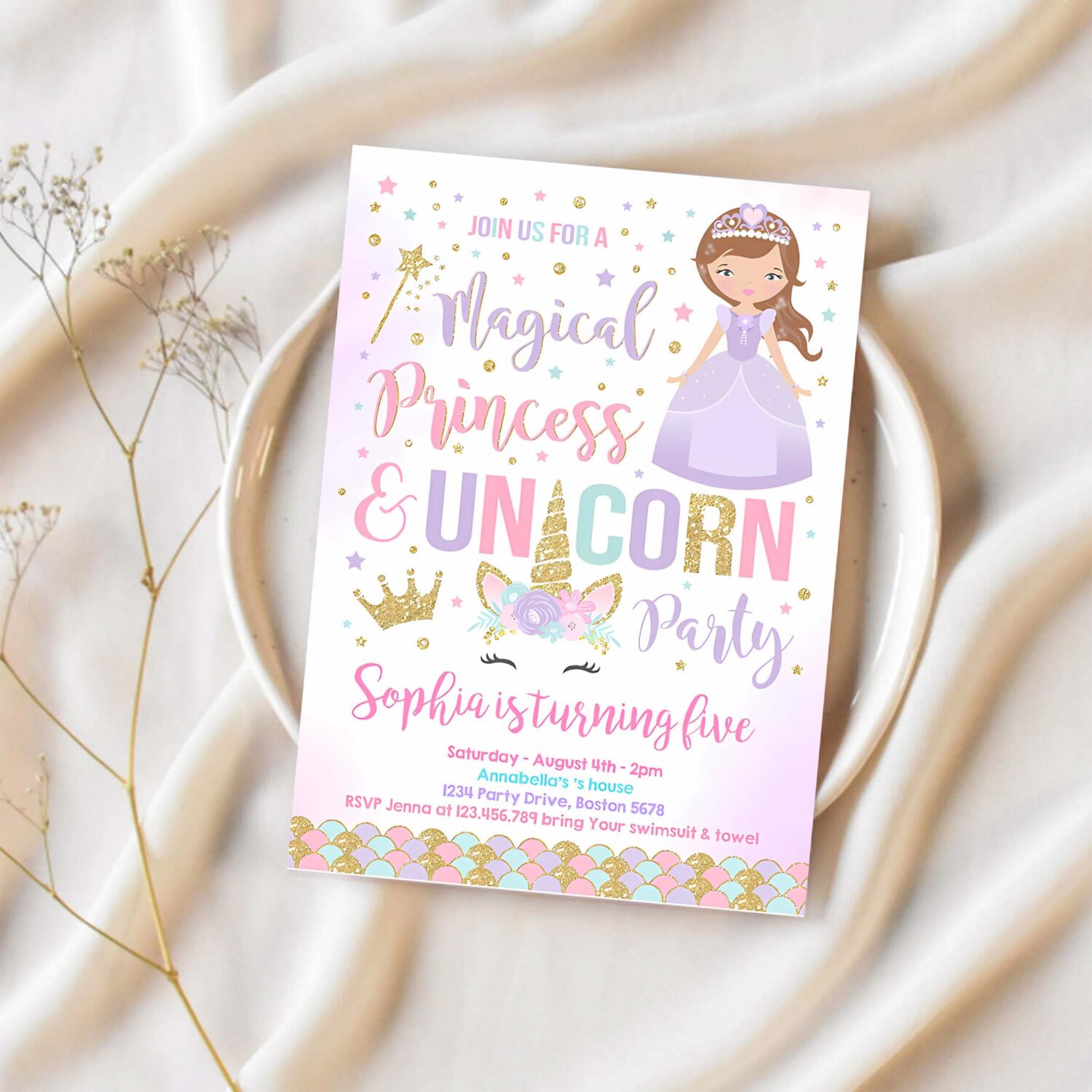Unicorn and princess birthday invitation unicorn and princess magical birthday party invitation 1