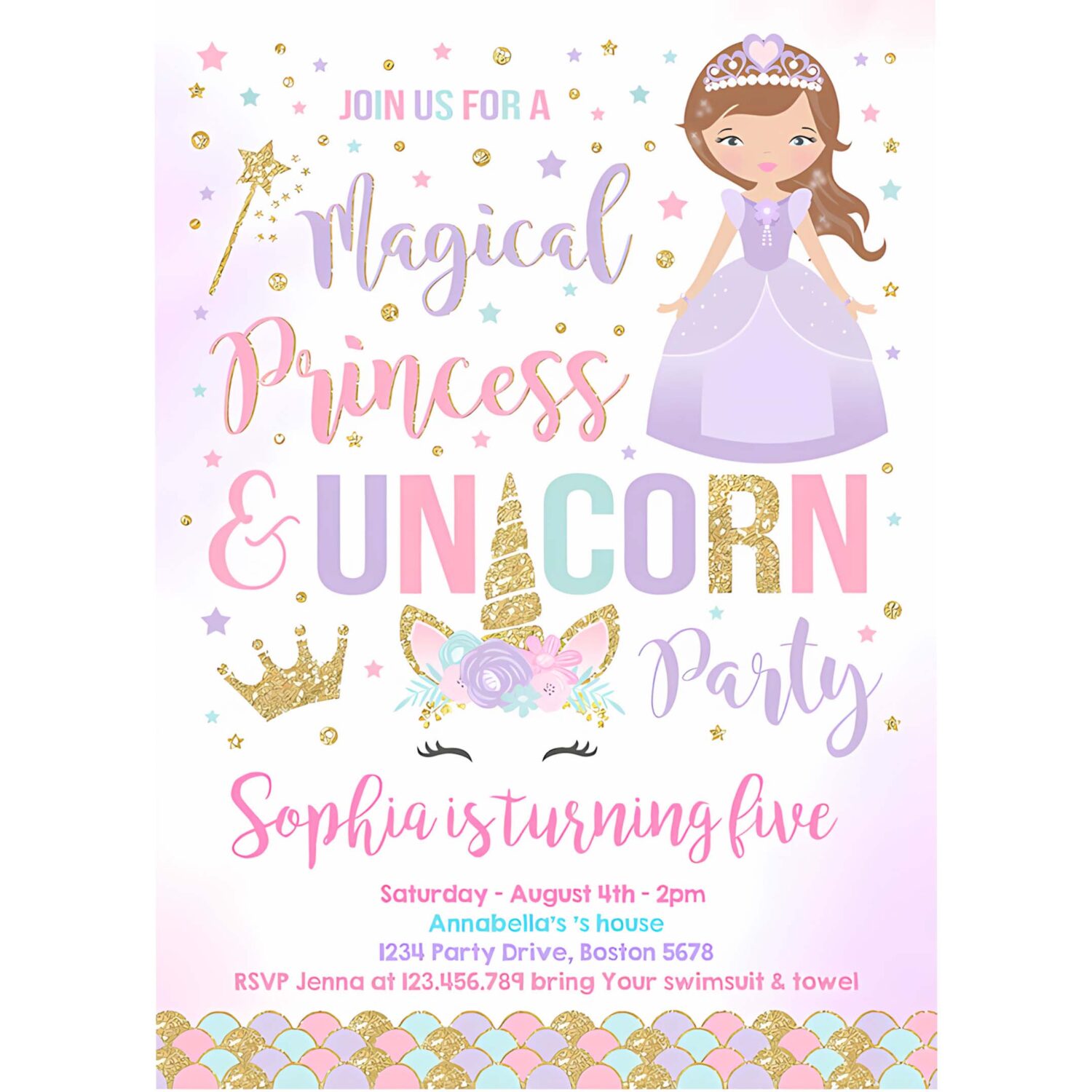 Unicorn and princess birthday invitation unicorn and princess magical birthday party invitation 4