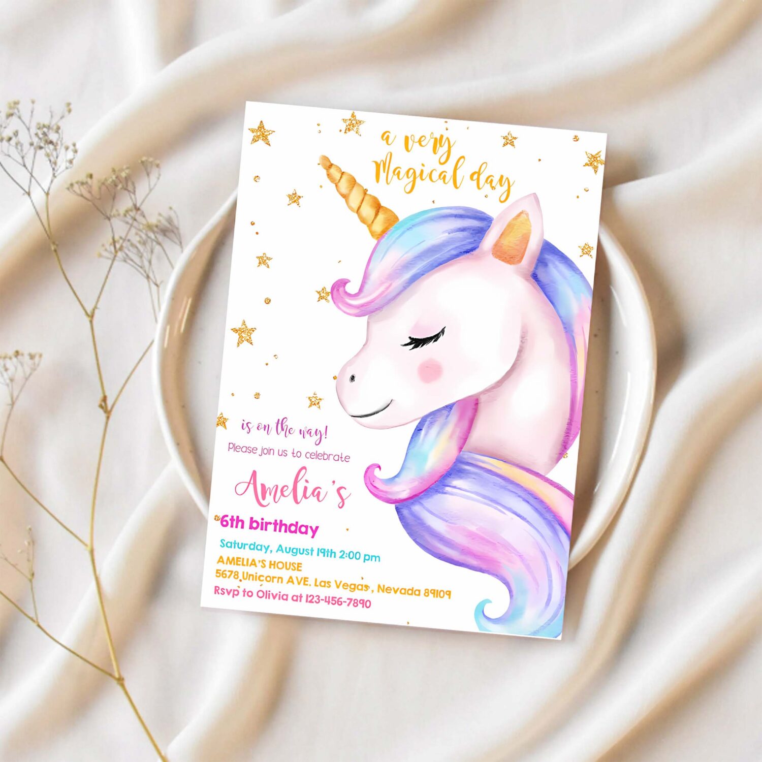 Unicorn birthday invitation rainbow party gold glitter pink girl magical day invites editable printable template 1