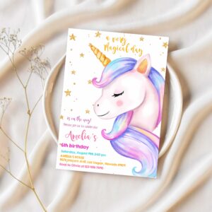 Unicorn birthday invitation rainbow party gold glitter pink girl magical day invites editable printable template 1