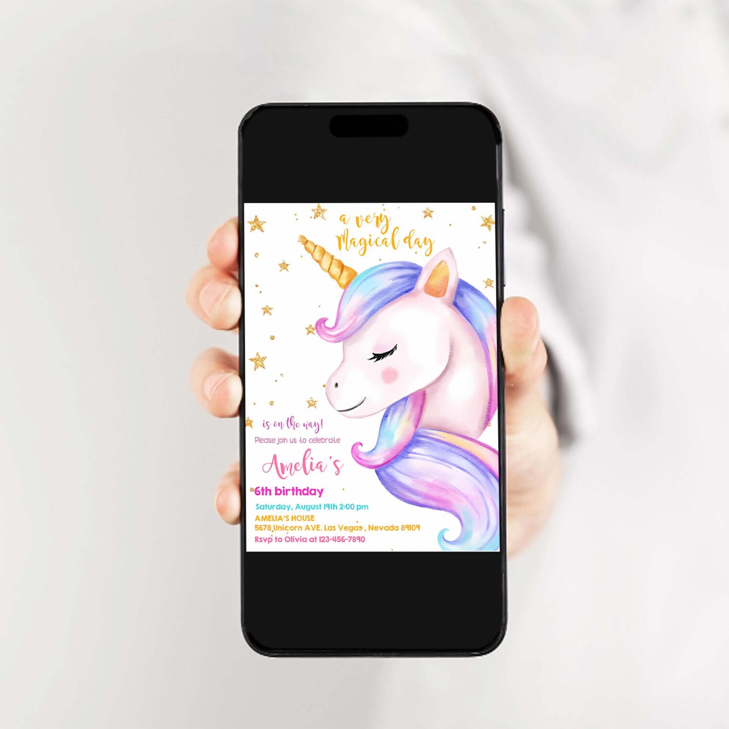 Unicorn birthday invitation rainbow party gold glitter pink girl magical day invites editable printable template 2